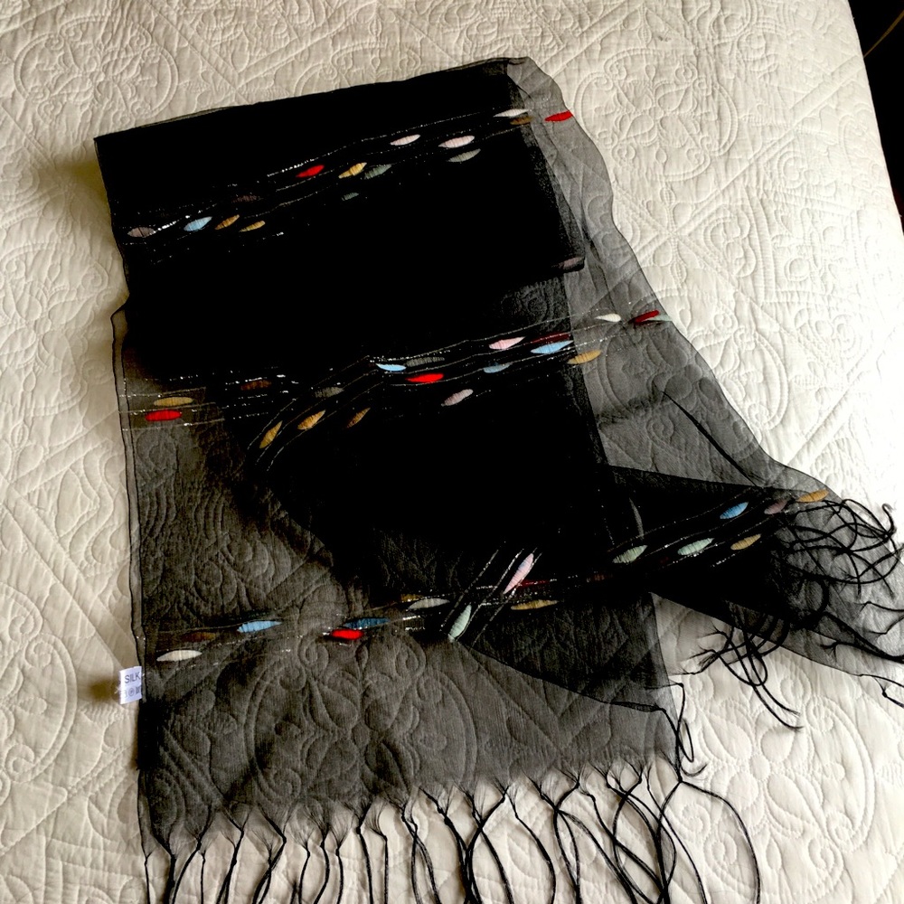 Silk black sheer scarf with embroidery  by NYC Designer Carol Patterson